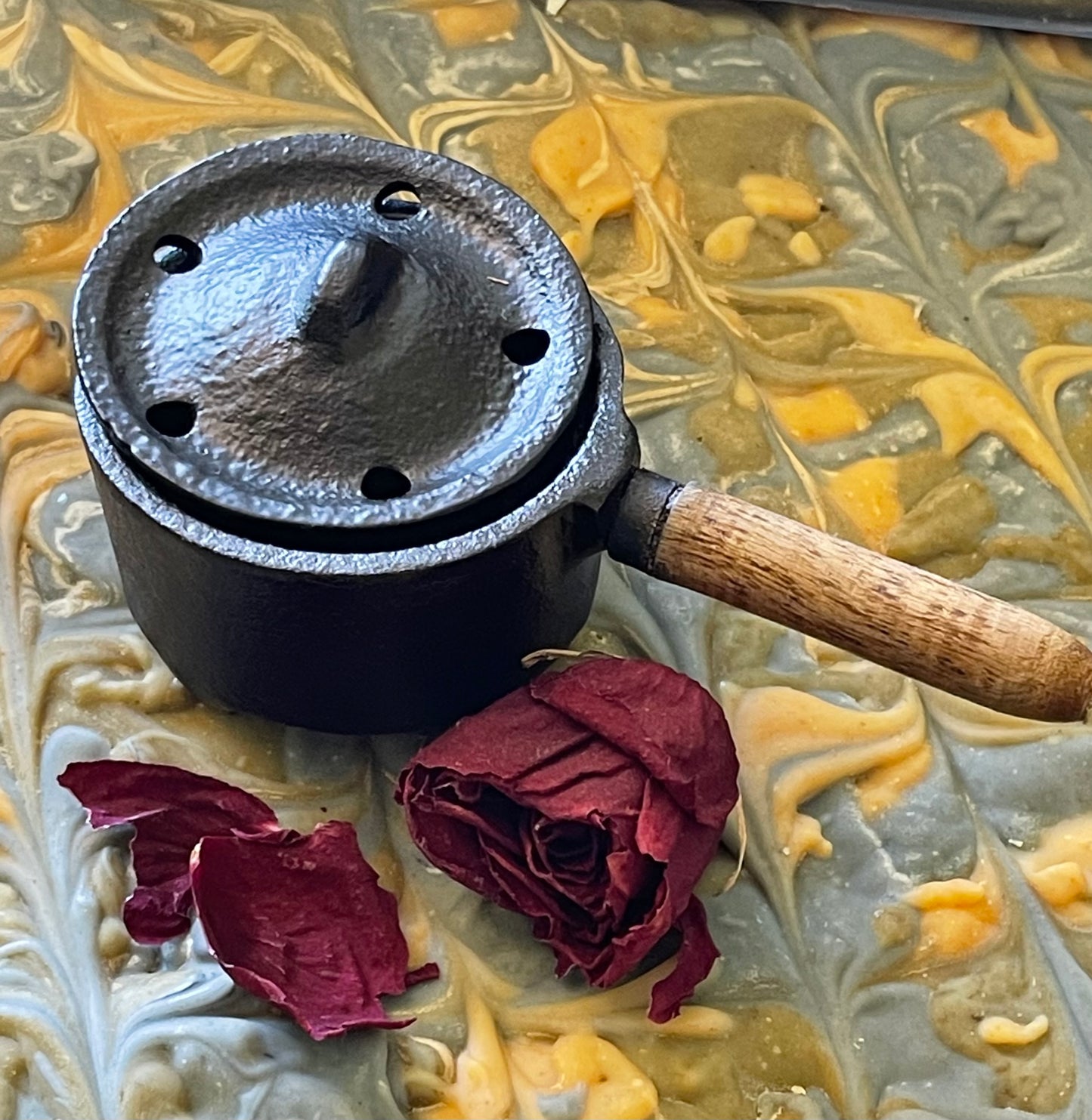 Cast Iron Incense & Resin Burner with Wooden Handle